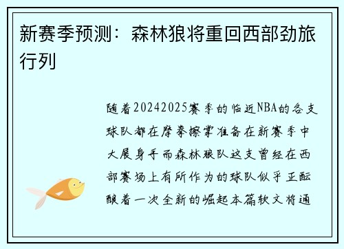 新赛季预测：森林狼将重回西部劲旅行列